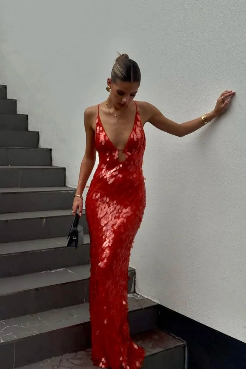 Women's Red Sequin Evening Dress with an Open Back | Light Fabric in a Fitted, Fluid Line | Size S-L