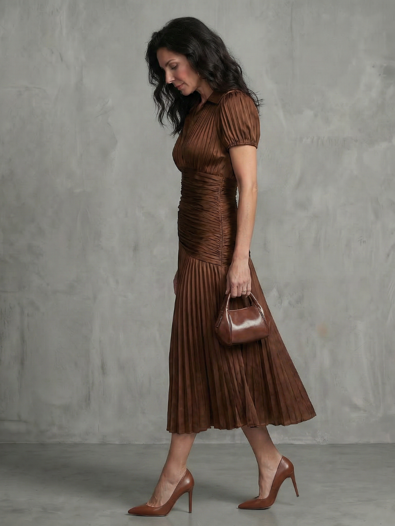 Theodora | Striped Midi Dress with Pleated Waist™