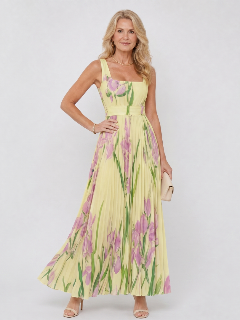 Satin midi dress with a square neckline and pleated skirt