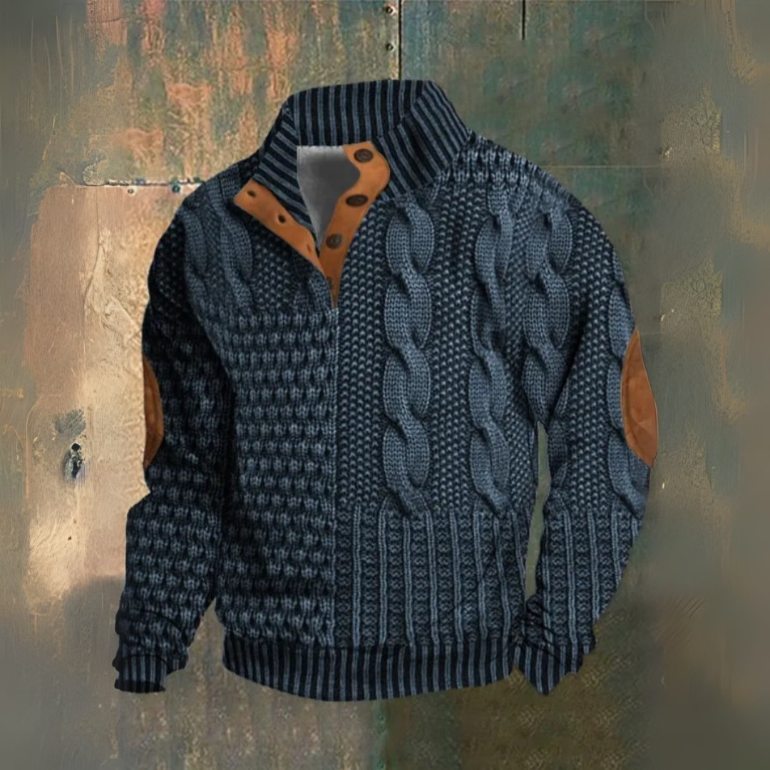 Men's Textured Cable Knit Sweater, High Neck, Button Placket