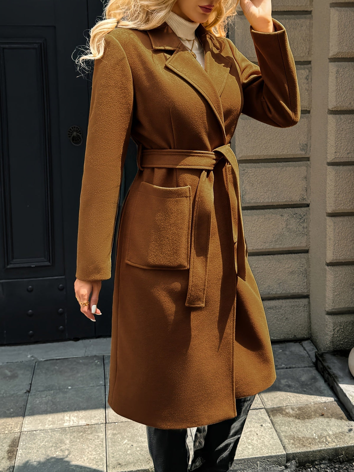 Women's Coat with Waist Belt and Pockets | For Winter | Size S-XL | Camel, Light Brown, Black, Grey