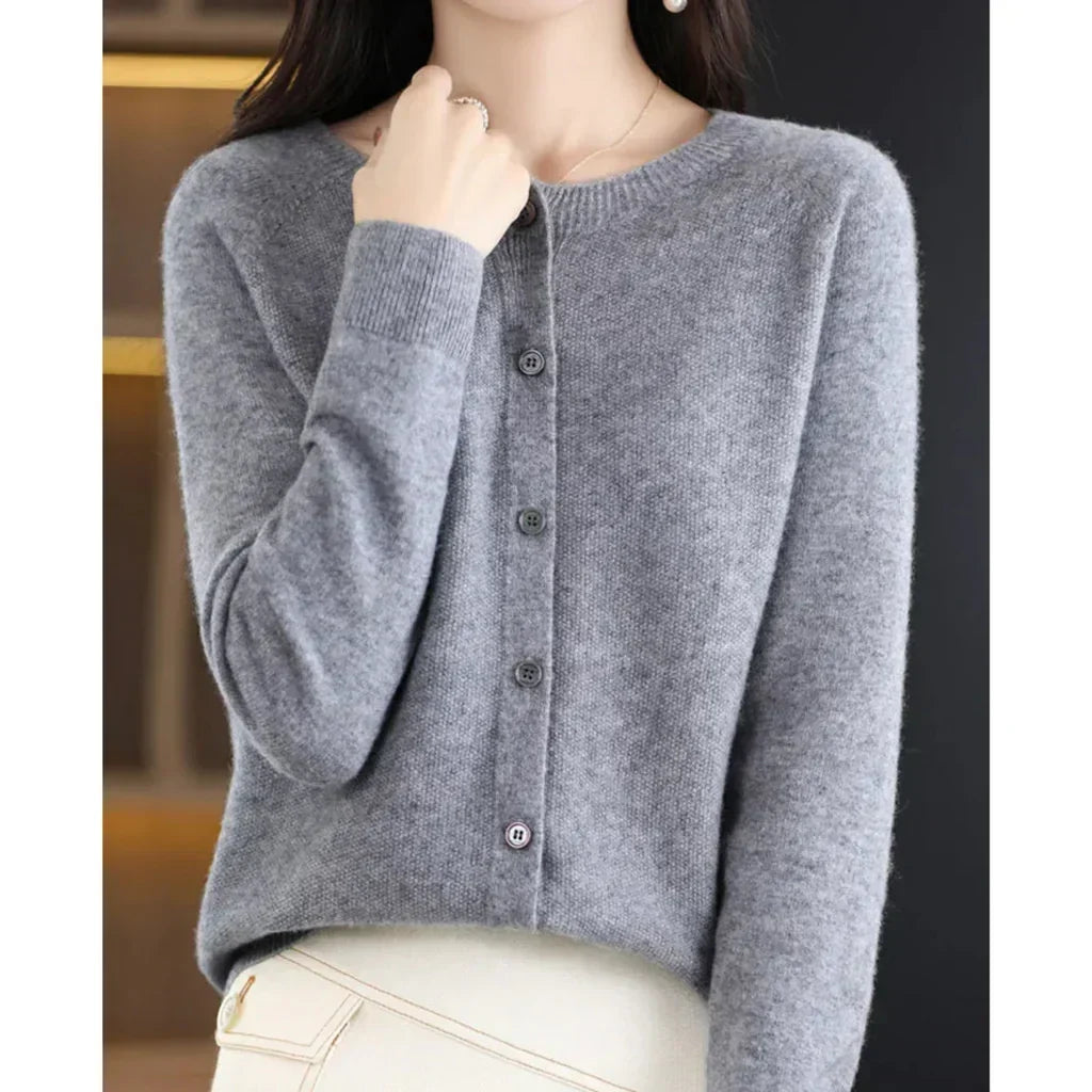 Women's Round Neck Button Cardigan – Lightweight Long Sleeve Cardigan