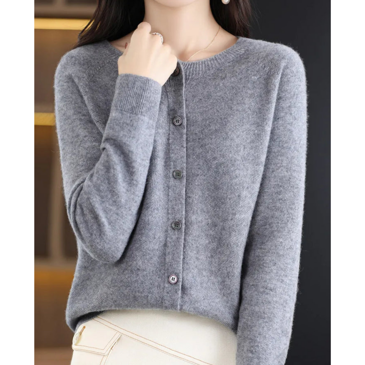 Women's Button Crew Neck Cardigan – Classic Long Sleeve Knit Cardigan
