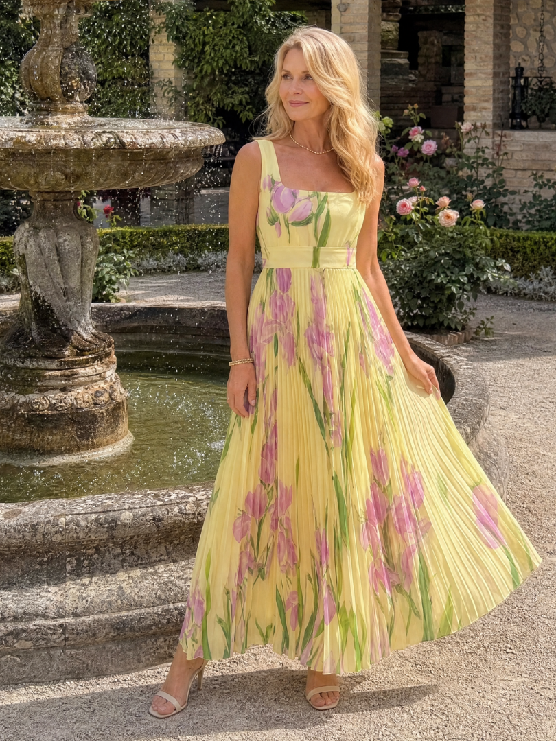 Satin midi dress with a square neckline and pleated skirt