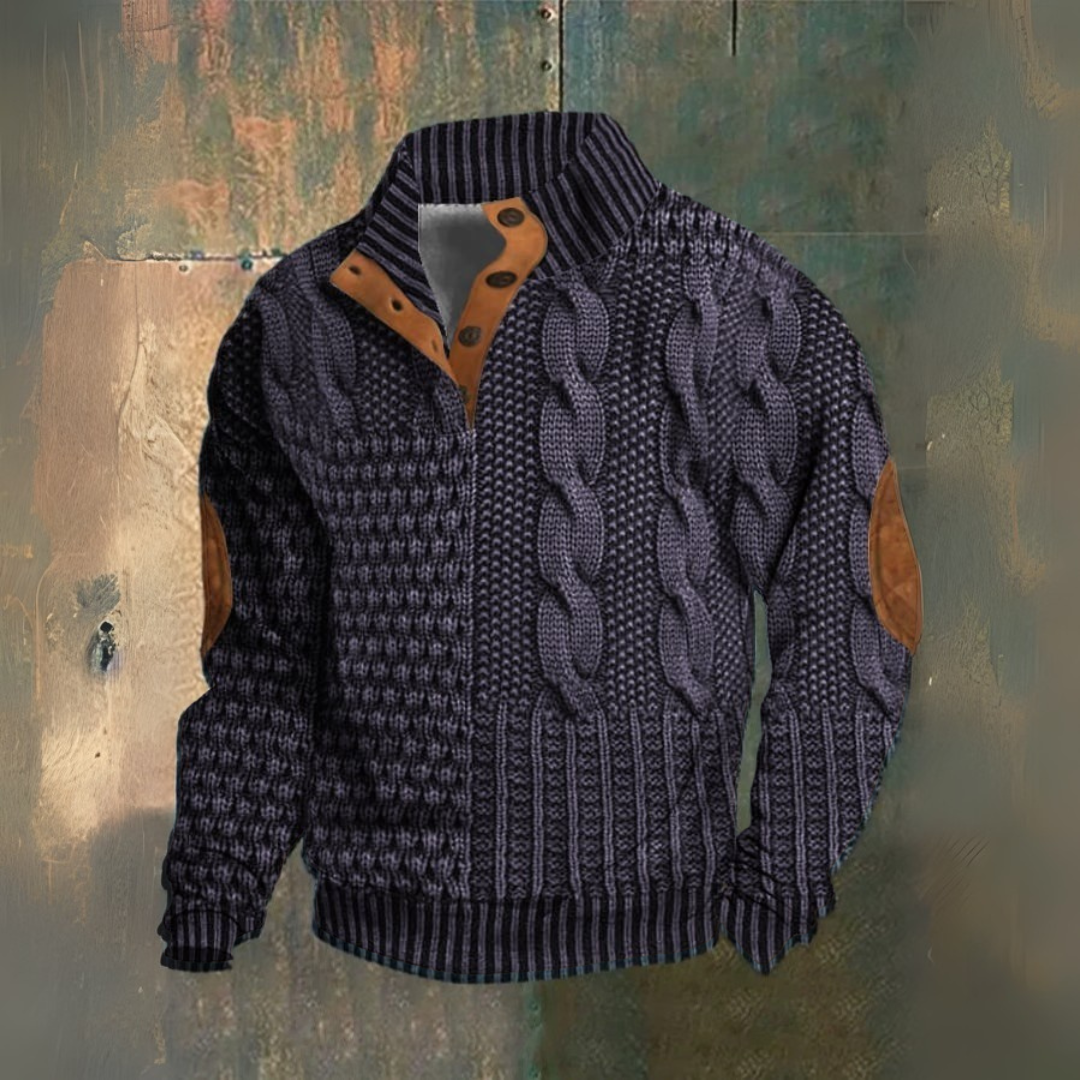 Men's Textured Cable Knit Sweater, High Neck, Button Placket