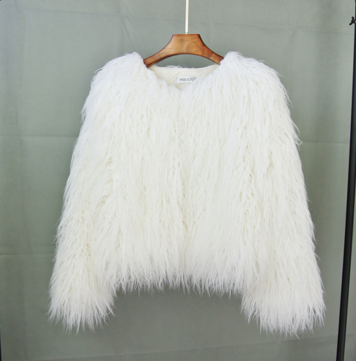 Women's Shaggy Faux Fur Jacket Round Neck Long Sleeve