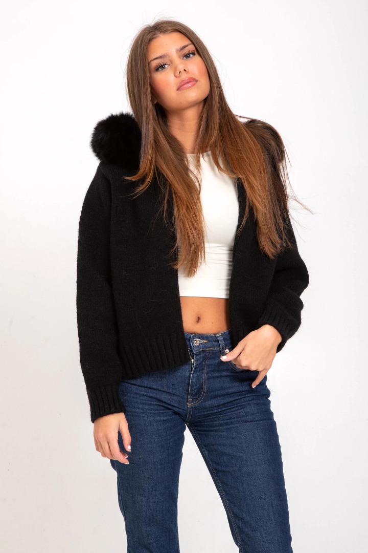 Inga Faux Fur Hood Knit Bomber Jacket