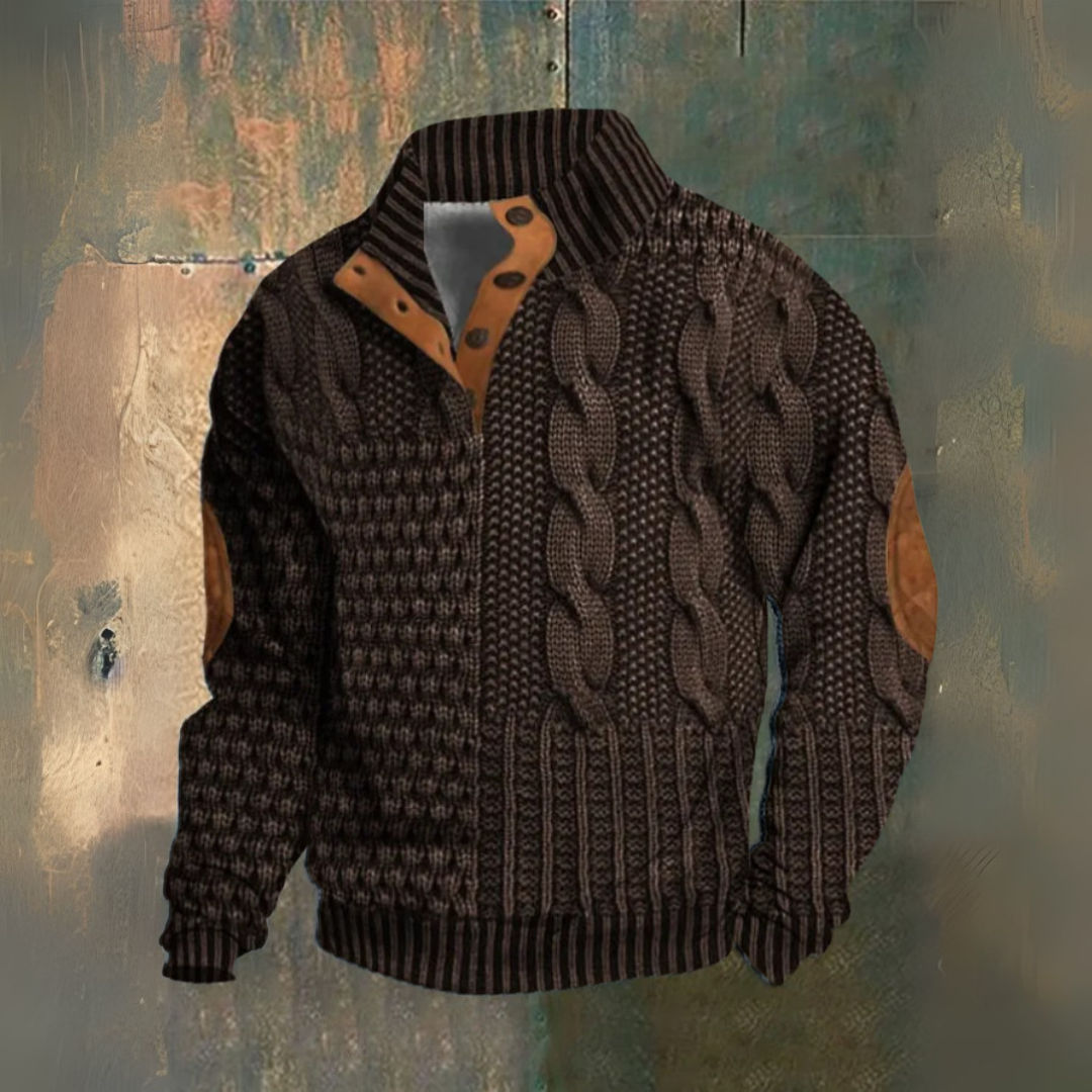 Men's Textured Cable Knit Sweater, High Neck, Button Placket