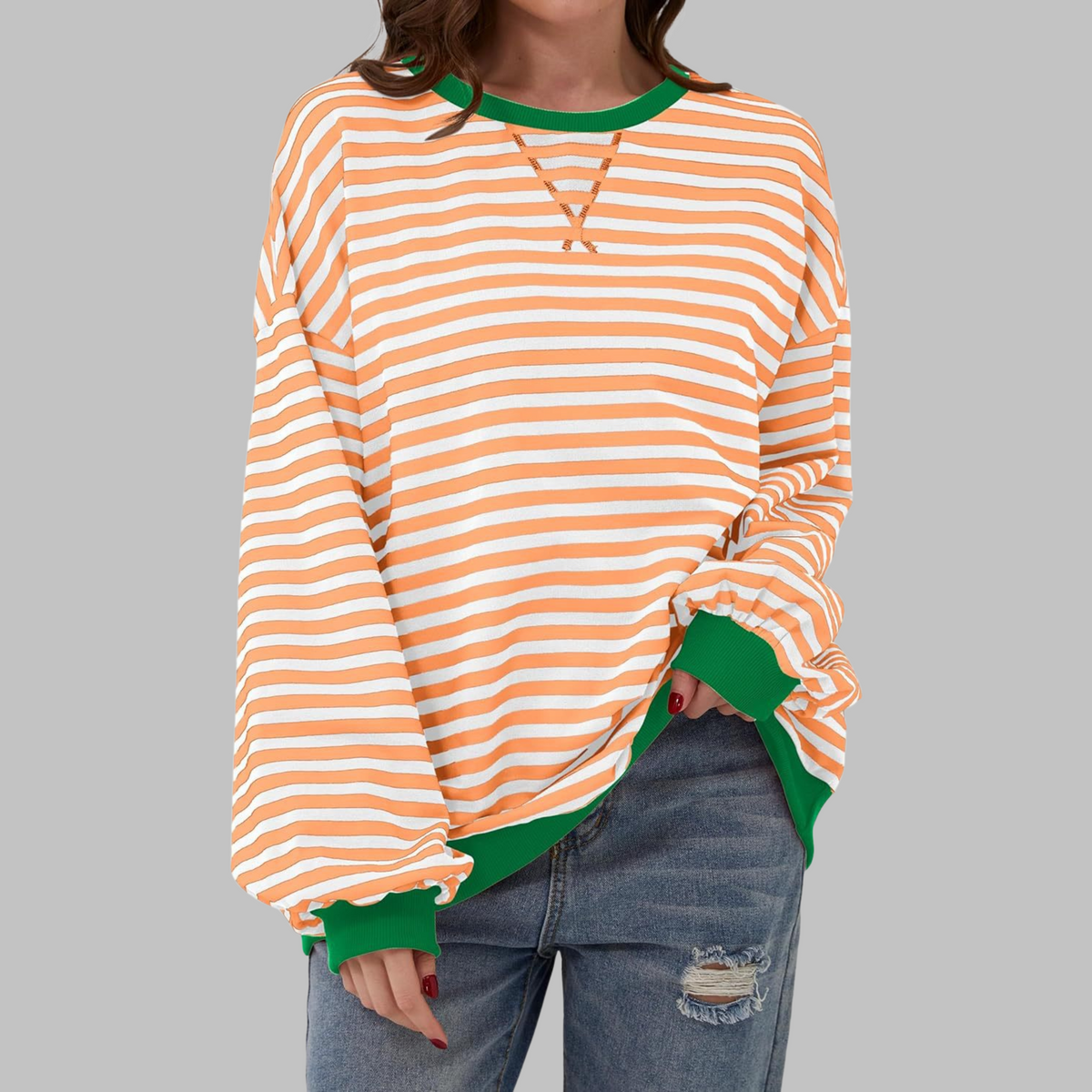 Women's Striped Crew Neck Long Sleeve Sweatshirt