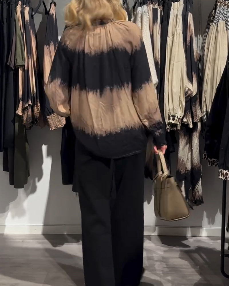 Women's Brown Tie-Dye V-Neck Blouse, Long Sleeves, Buttons