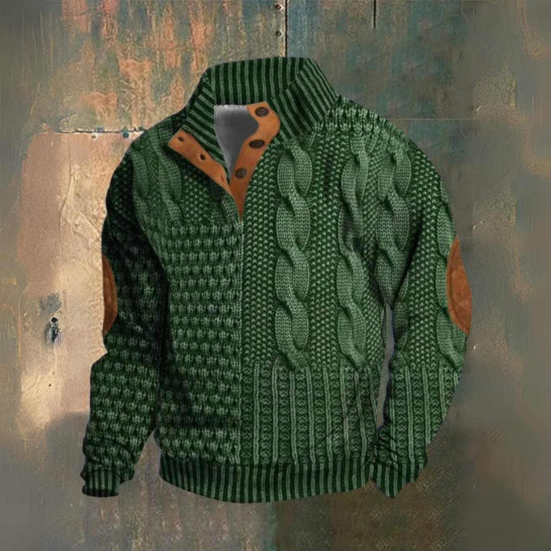Men's Textured Cable Knit Sweater, High Neck, Button Placket