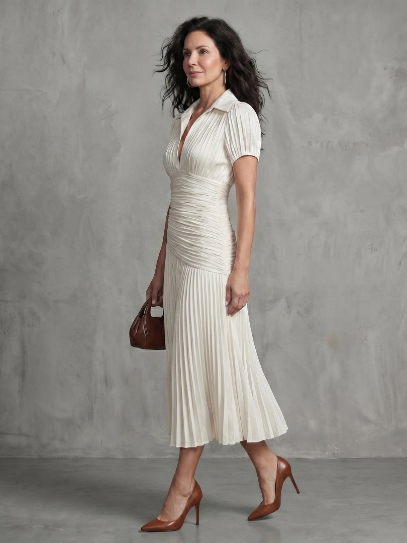 Theodora | Striped Midi Dress with Pleated Waist™