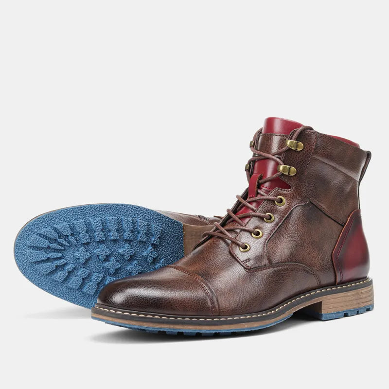 Men's Brown Lace-Up Ankle Boots, Side Zip, Round Toe