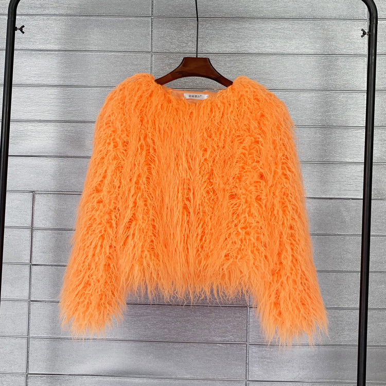 Women's Shaggy Faux Fur Jacket Round Neck Long Sleeve
