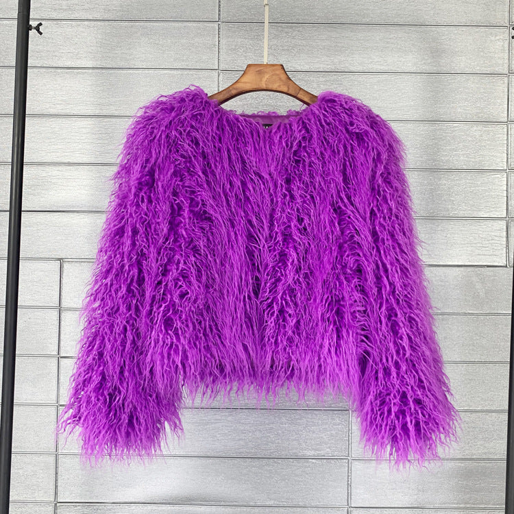 Women's Shaggy Faux Fur Jacket Round Neck Long Sleeve
