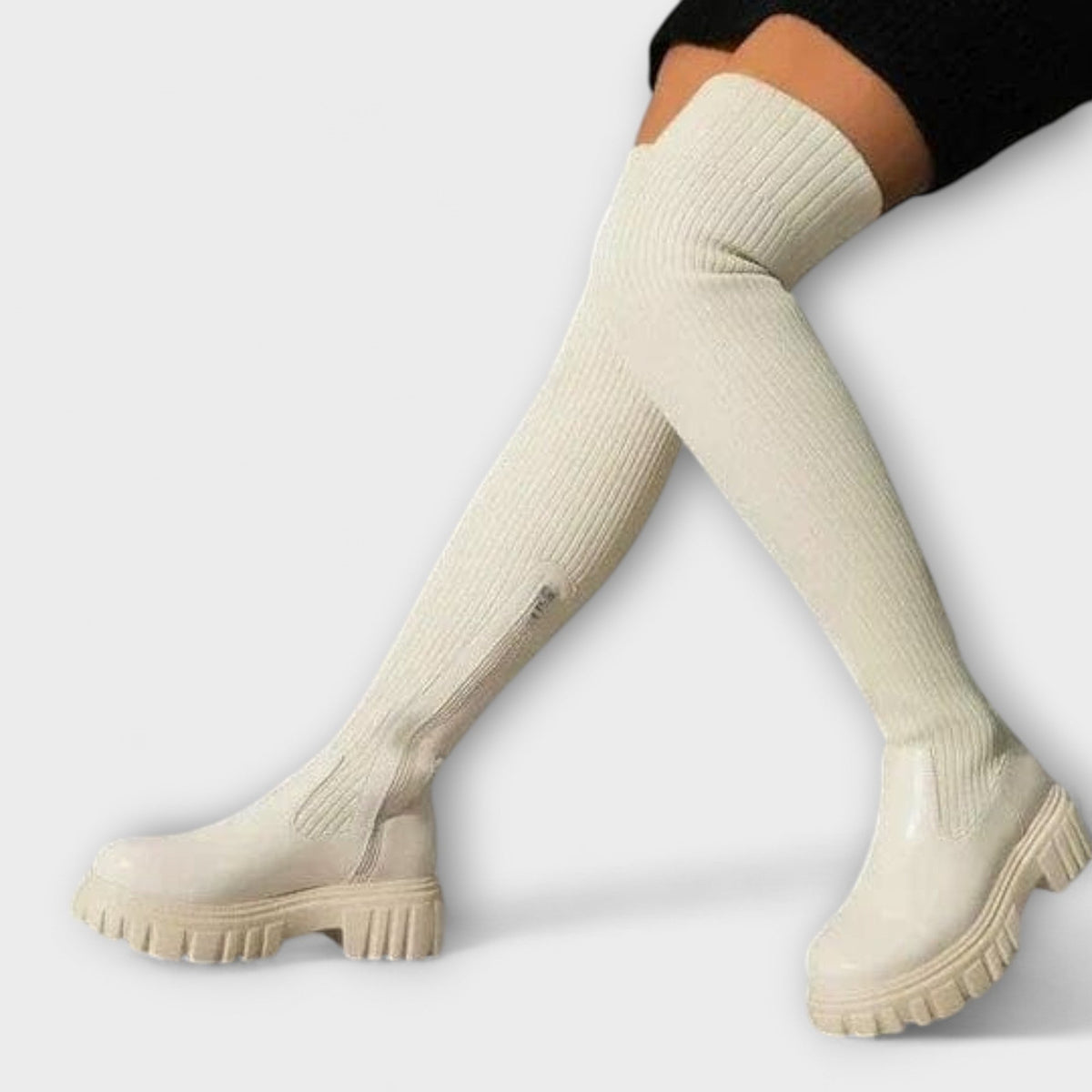 Women's Over The Knee High Boots with a Ribbed Knit Shaft | Chunky Lug Sole, Side Zip | Sizes 6-13, 2 Colors