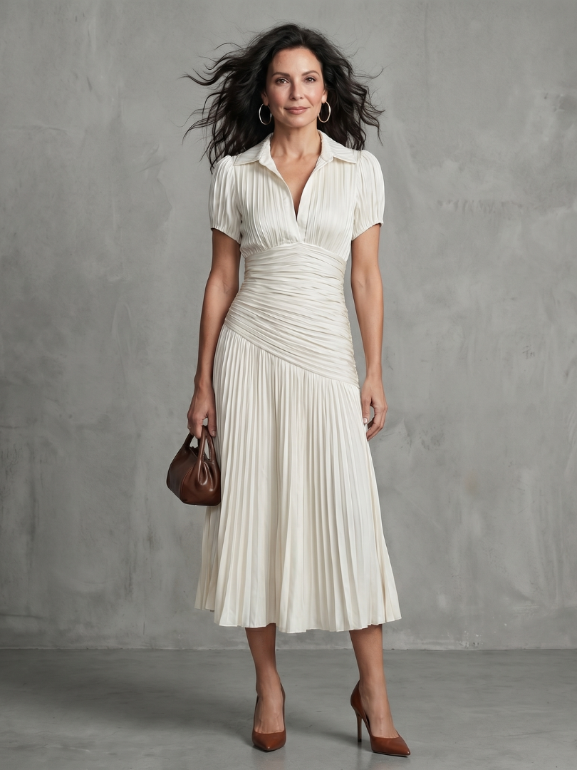 Theodora | Striped Midi Dress with Pleated Waist™