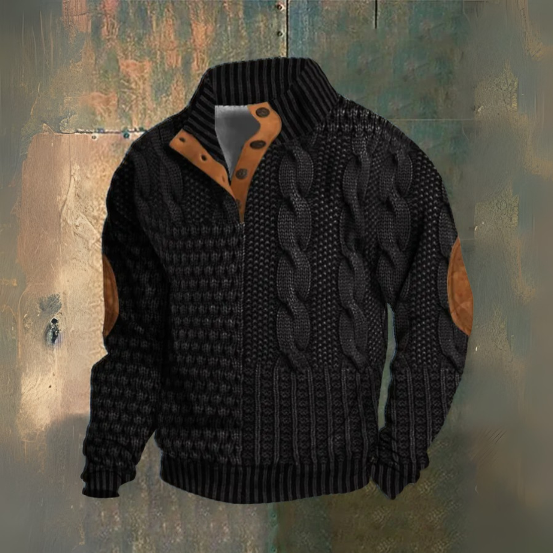 Men's Textured Cable Knit Sweater, High Neck, Button Placket