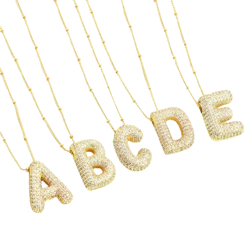 Initial Necklace Set Gold Bubble Letter Pendant