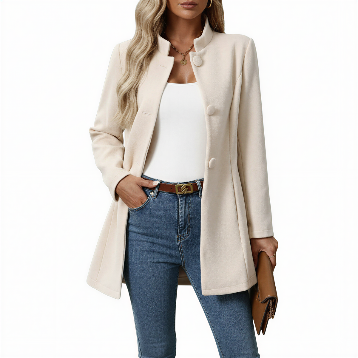 Hallie | Womens Button-Down A-Line Coat with Stand Collar | Long Sleeves, Button Front | Camel, Cream, Gray, Black XS-2XL