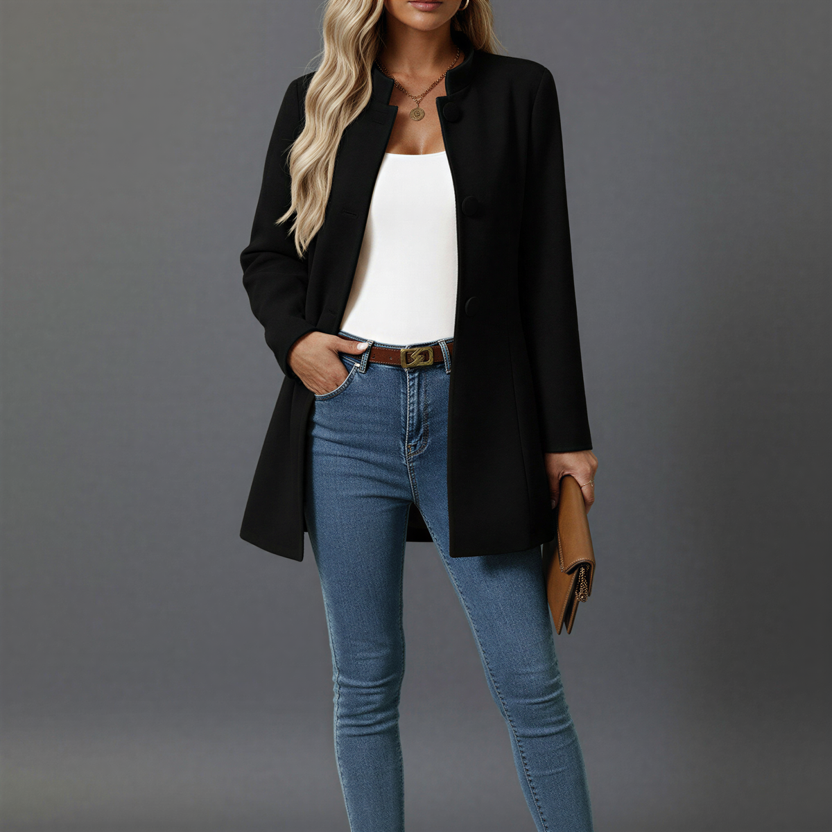 Hallie | Womens Button-Down A-Line Coat with Stand Collar | Long Sleeves, Button Front | Camel, Cream, Gray, Black XS-2XL