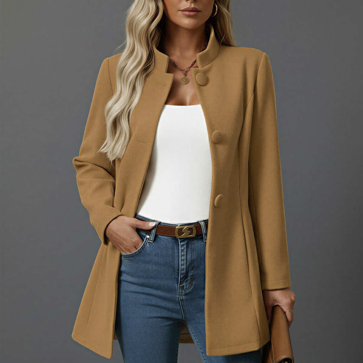 Hallie | Womens Button-Down A-Line Coat with Stand Collar | Long Sleeves, Button Front | Camel, Cream, Gray, Black XS-2XL
