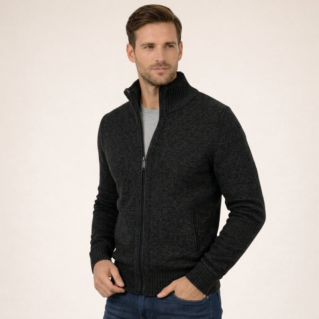 Men's Zip Mock Neck Sweater, Long Sleeves, Ribbed Trim