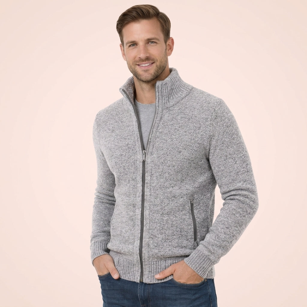 Men's Zip Mock Neck Sweater, Long Sleeves, Ribbed Trim
