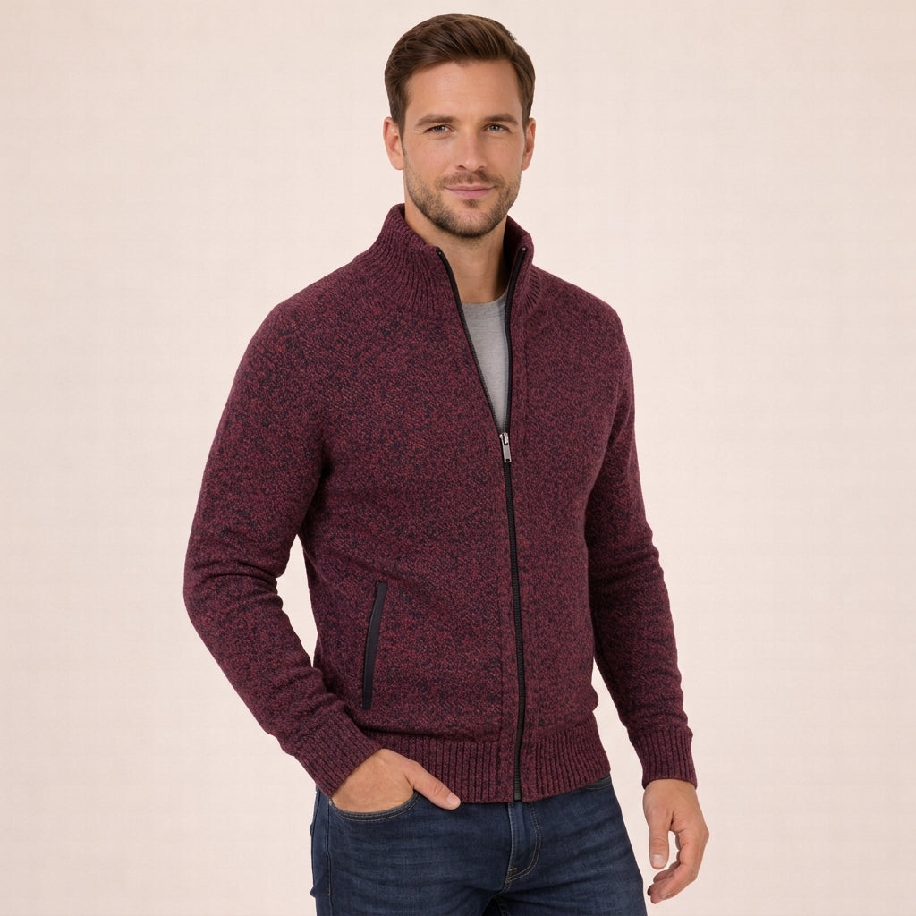 Men's Zip Mock Neck Sweater, Long Sleeves, Ribbed Trim