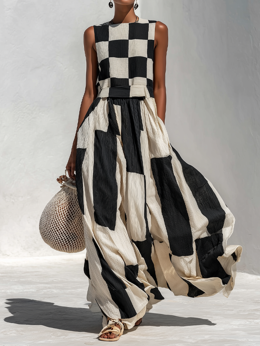 Yolaine | Sleeveless Checked and Striped Linen Maxi Dress