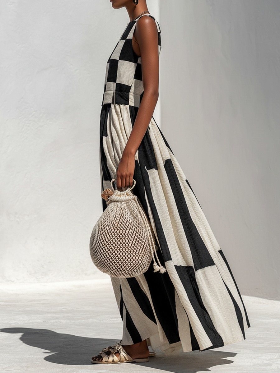 Yolaine | Sleeveless Checked and Striped Linen Maxi Dress