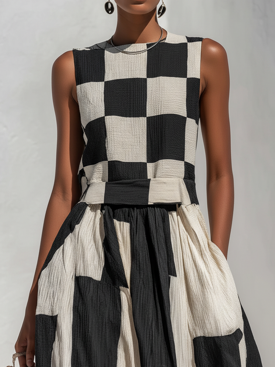 Yolaine | Sleeveless Checked and Striped Linen Maxi Dress