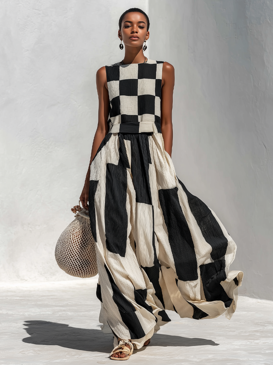Yolaine | Sleeveless Checked and Striped Linen Maxi Dress