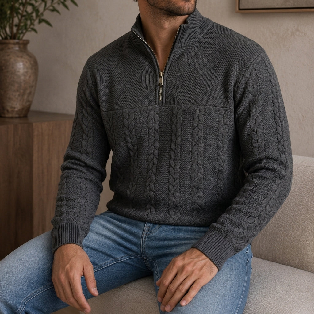 Roncq Cable Knit High-Neck Half-Zip Sweater