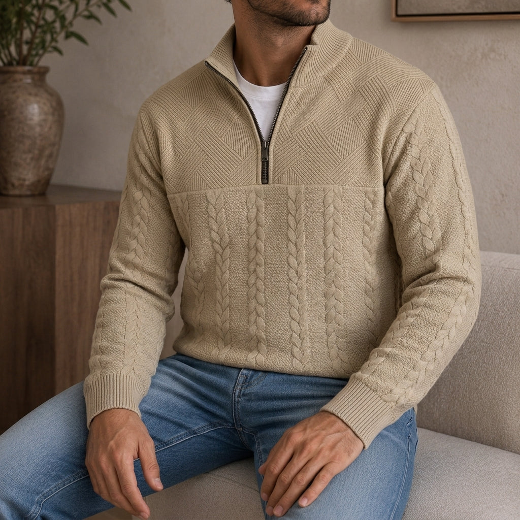 Roncq Cable Knit High-Neck Half-Zip Sweater