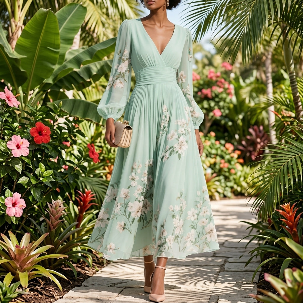 Gardone V-Neck Chiffon Floral Midi Dress