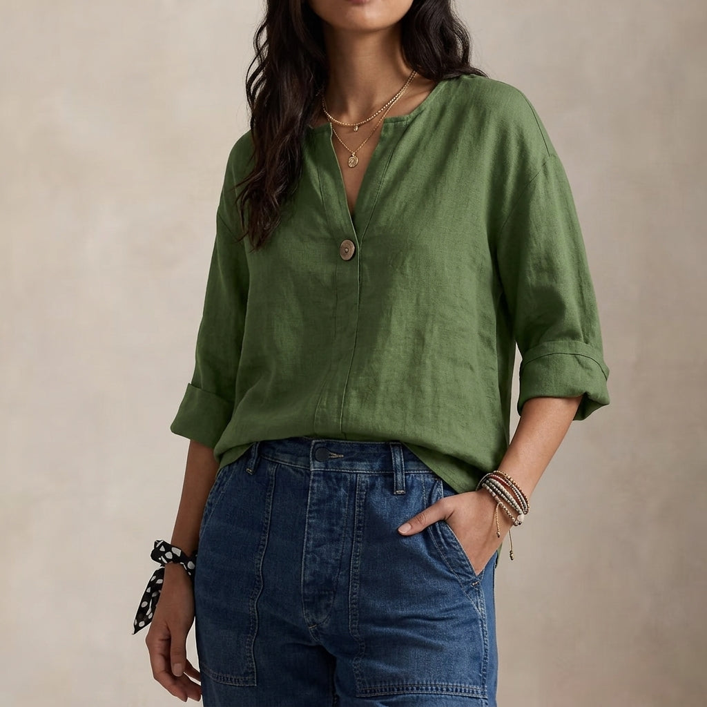 Sète Women's V-Neck Casual Linen Blouse