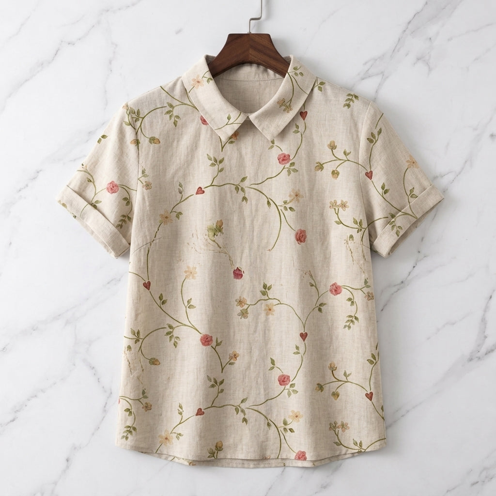 Ivory Women's Linen Floral Collared Blouse