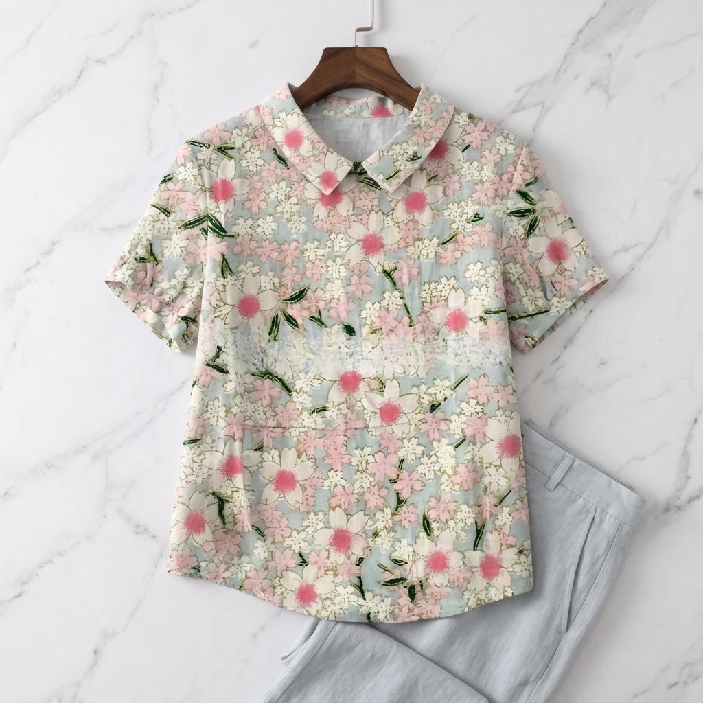 Ivory Women's Linen Floral Collared Blouse