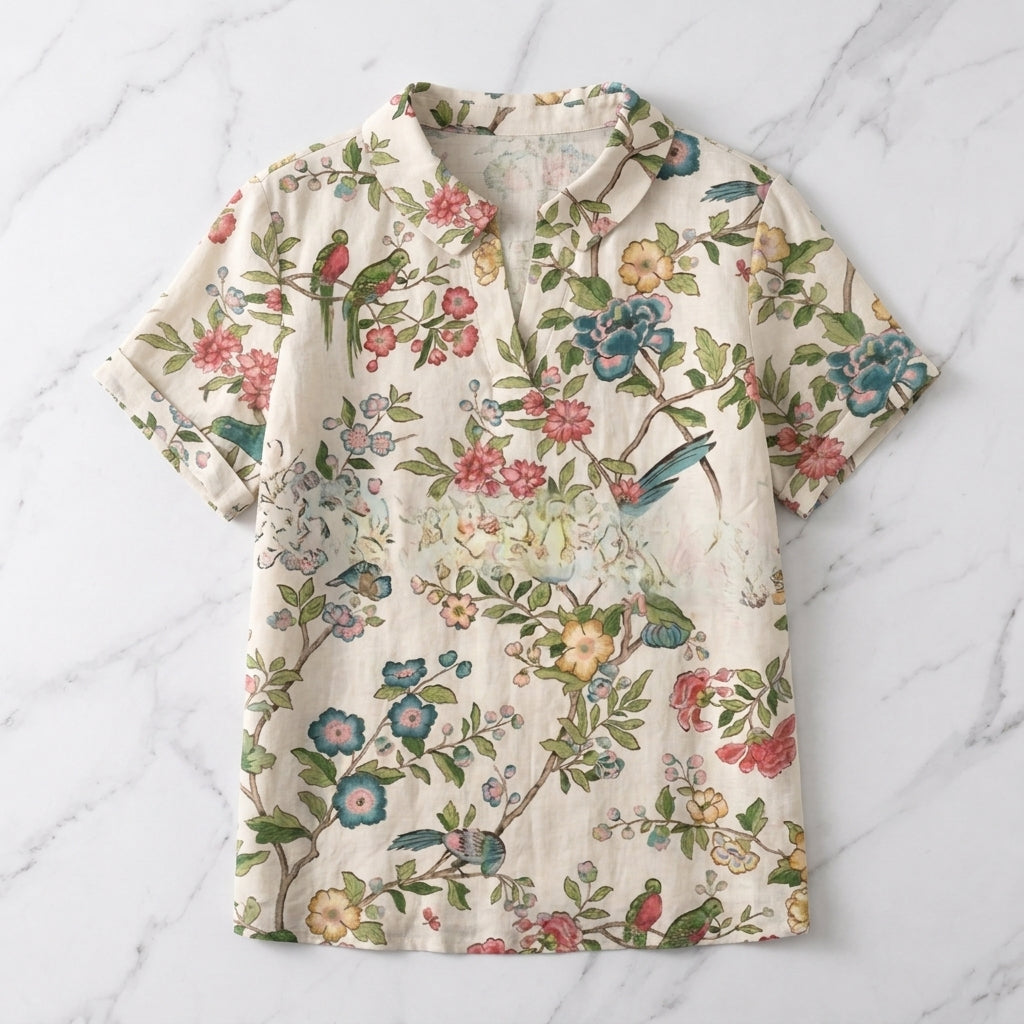 Ivory Women's Linen Floral Collared Blouse