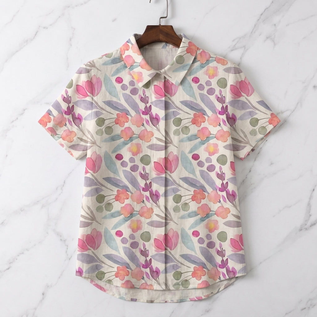 Ivory Women's Linen Floral Collared Blouse