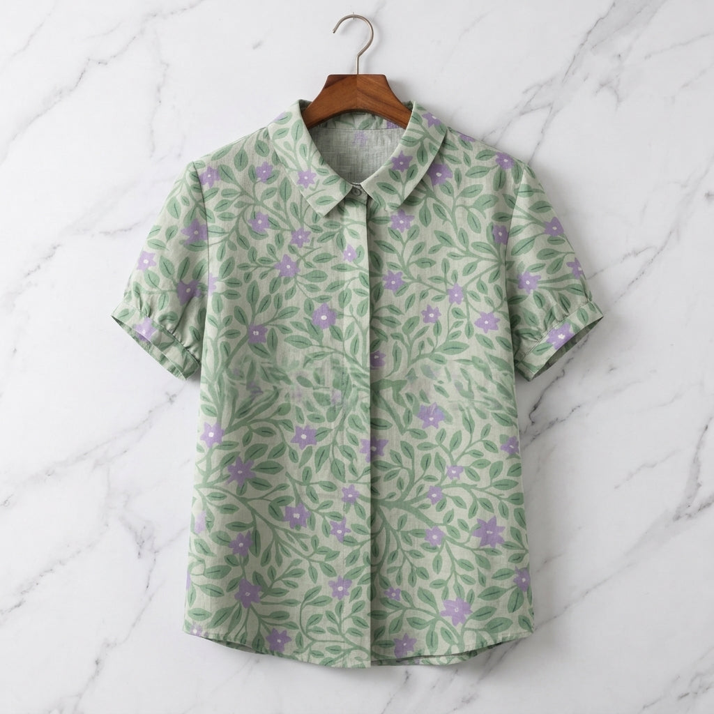 Ivory Women's Linen Floral Collared Blouse