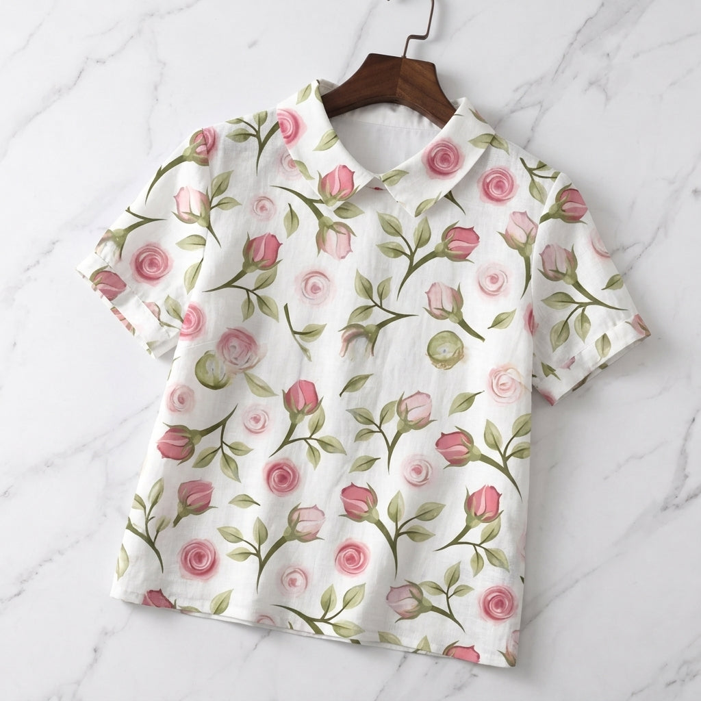 Ivory Women's Linen Floral Collared Blouse