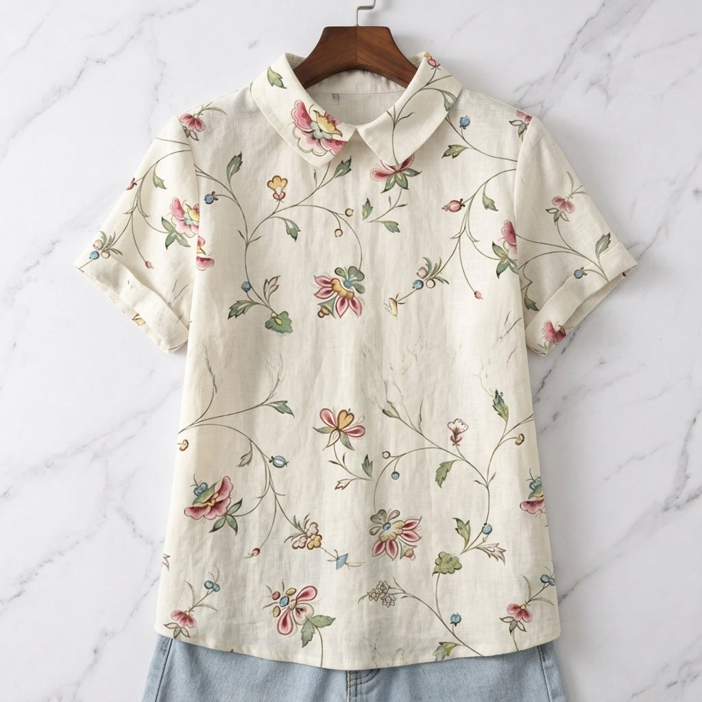 Ivory Women's Linen Floral Collared Blouse