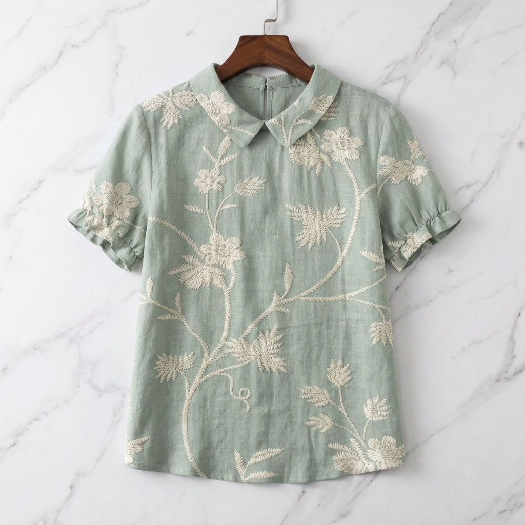 Ivory Women's Linen Floral Collared Blouse