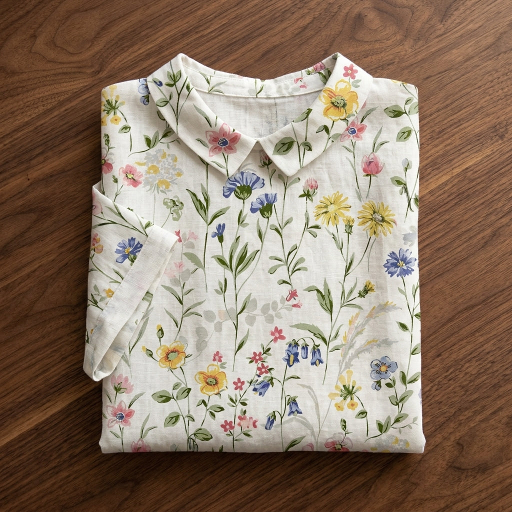 Ivory Women's Linen Floral Collared Blouse