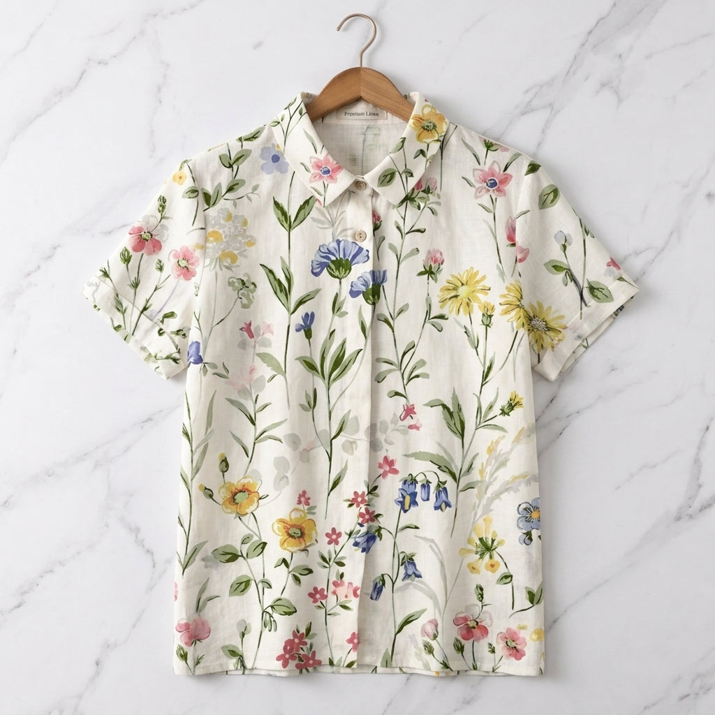 Ivory Women's Linen Floral Collared Blouse