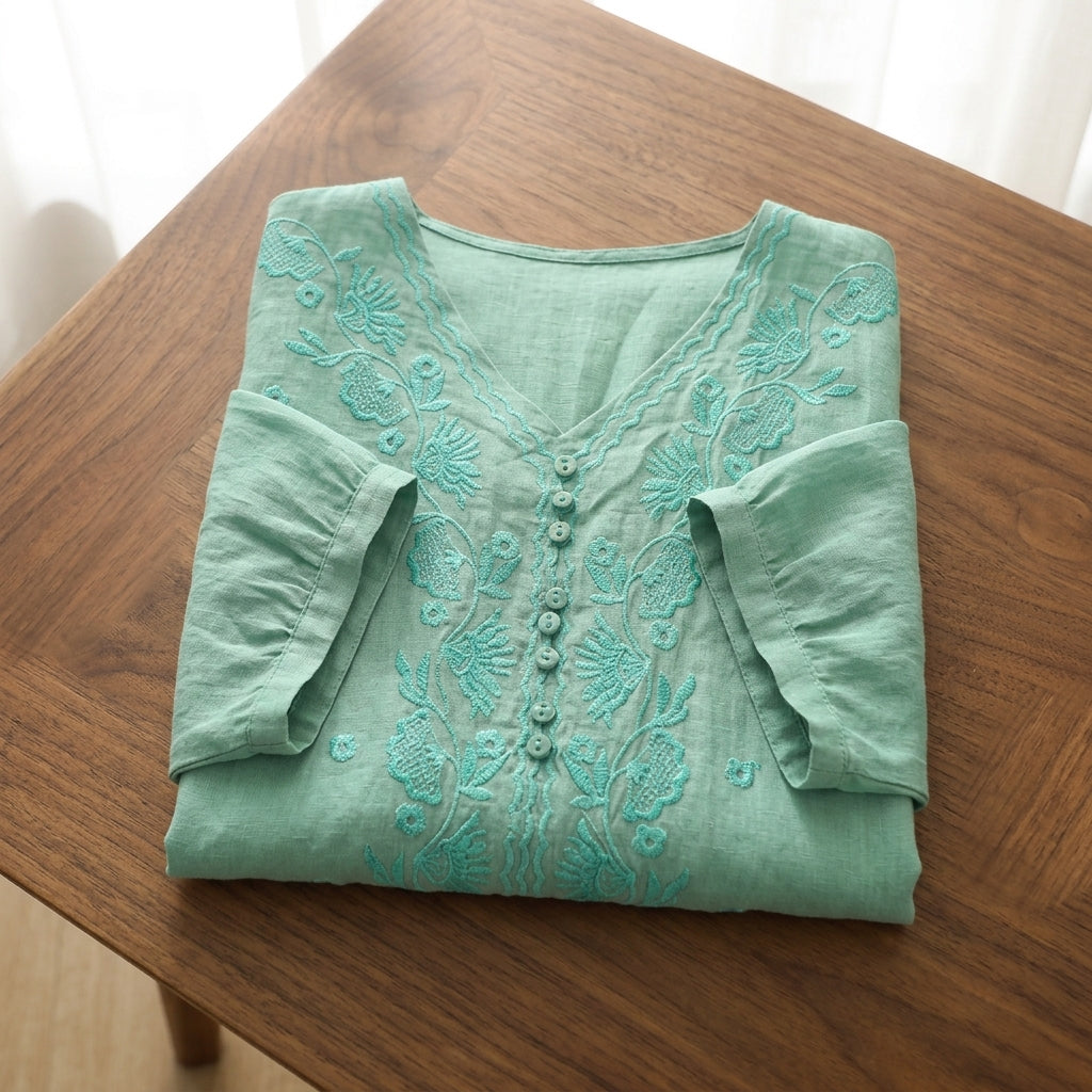 Perugia Women's V-Neck Embroidered Blouse