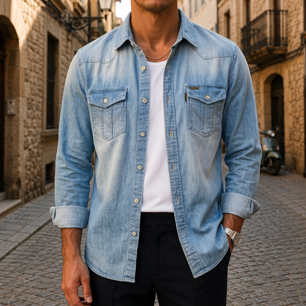 Norland Men's Long Sleeve Denim Button Down Shirt