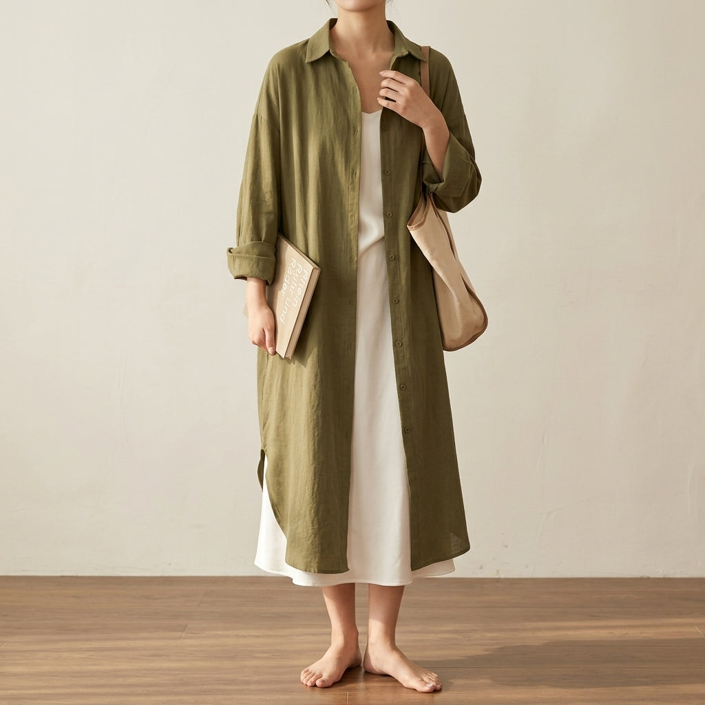 Marcello Women's Long Sleeve Button-Front Shirt Maxi Dress